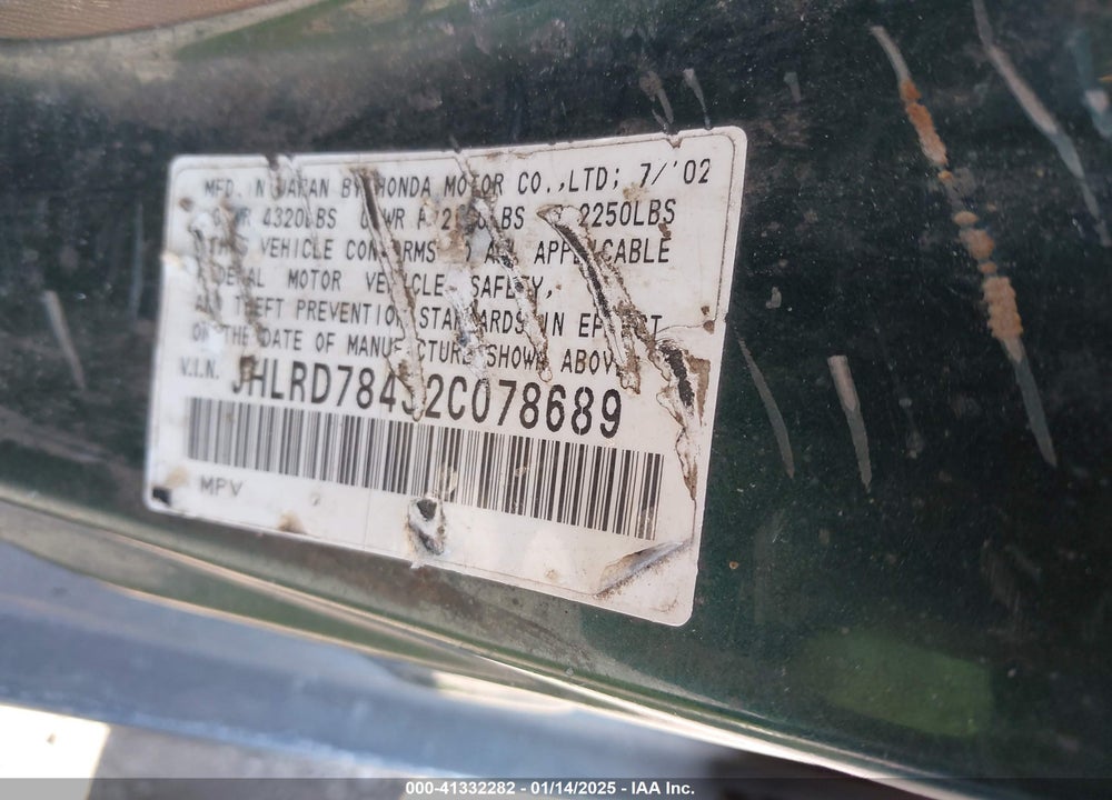 2002 HONDA CR-V LX VIN: JHLRD78432C078689