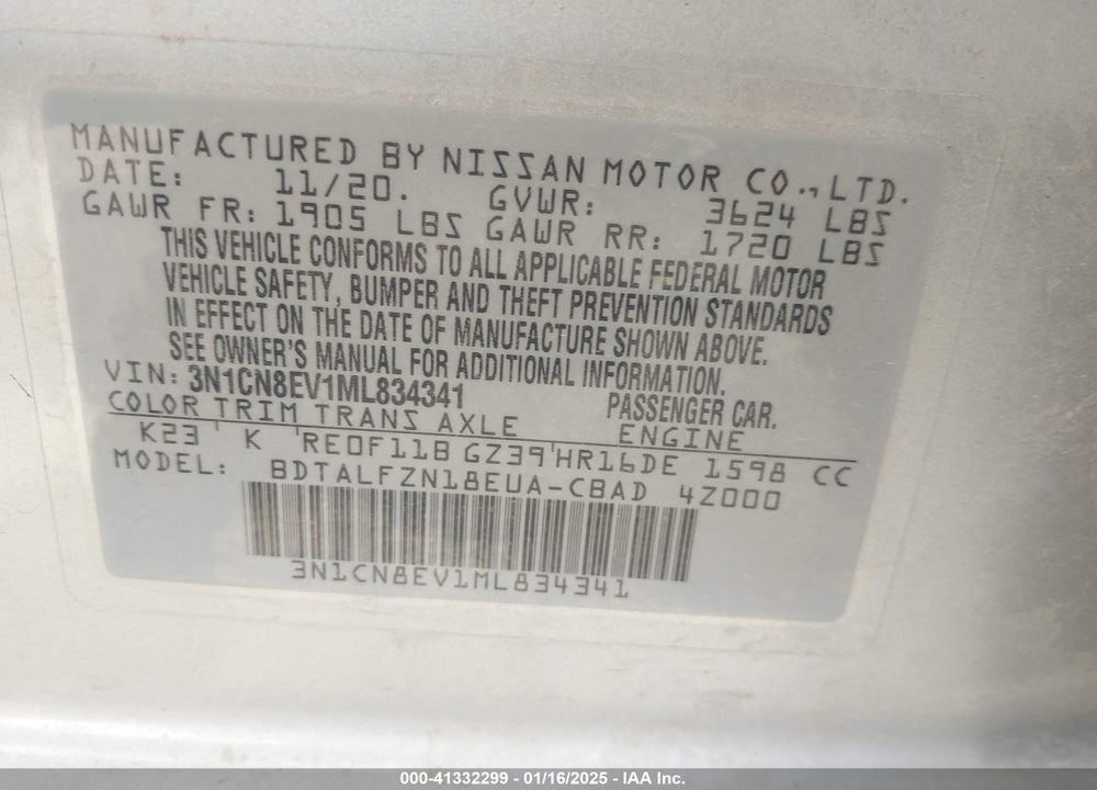 2021 NISSAN VERSA VIN: 3N1CN8EV1ML834341