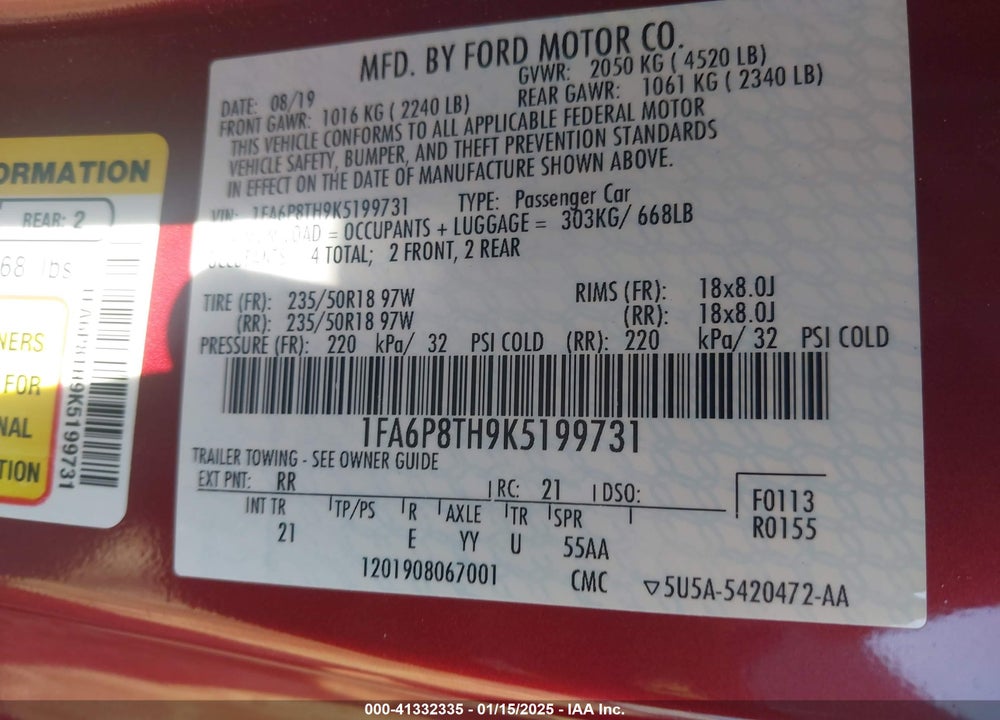 2019 FORD MUSTANG VIN: 1FA6P8TH9K5199731