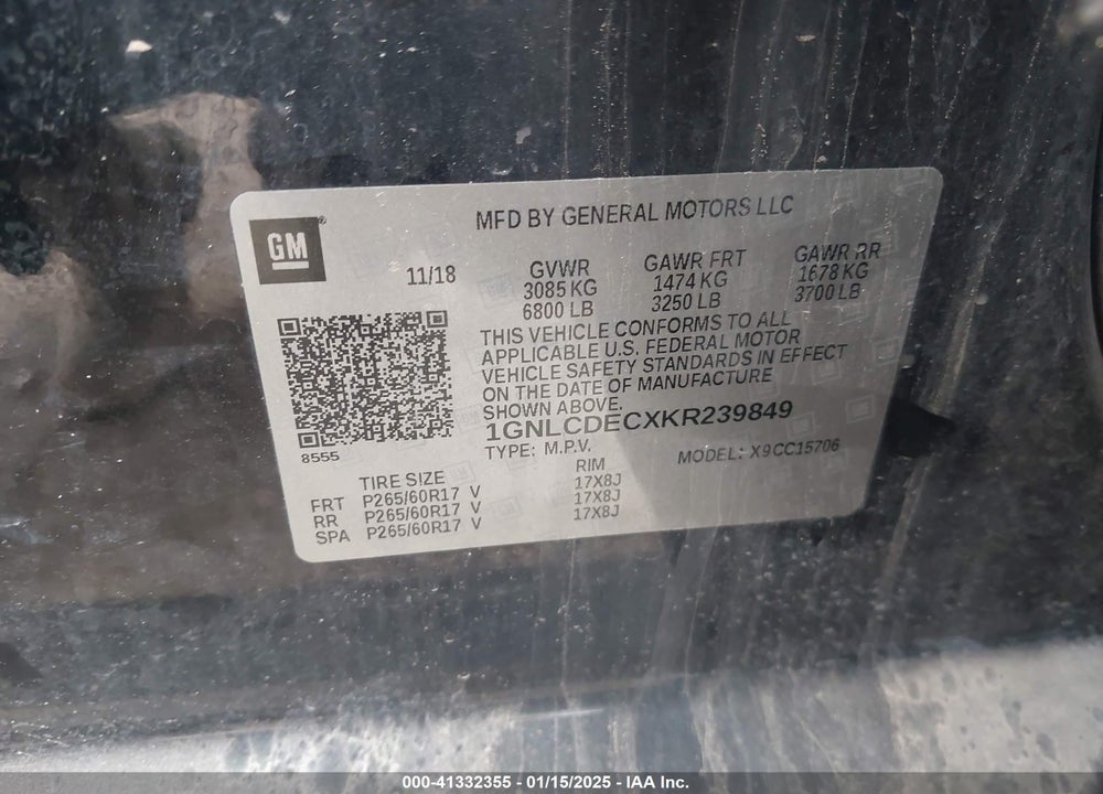 2019 CHEVROLET TAHOE COMMERCIAL FLEET VIN: 1GNLCDECXKR239849