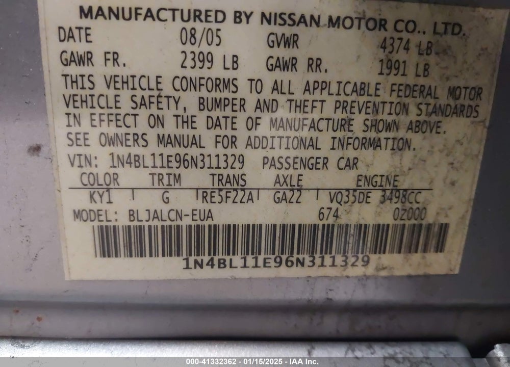 2006 NISSAN ALTIMA 3.5 SE VIN: 1N4BL11E96N311329