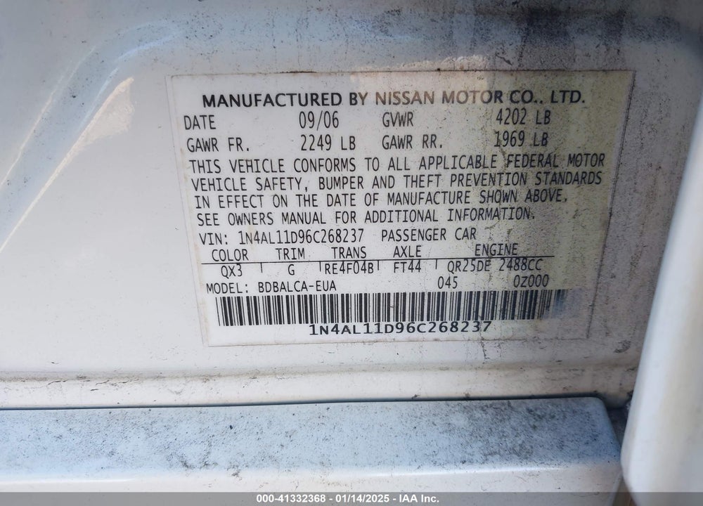 2006 NISSAN ALTIMA 2.5 S VIN: 1N4AL11D96C268237