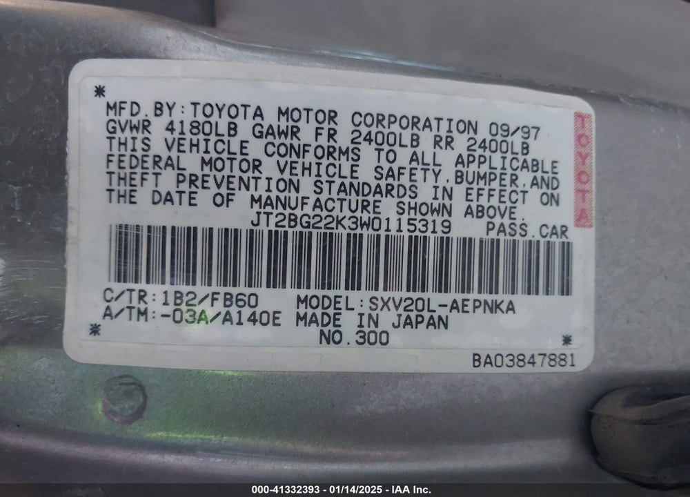 1998 TOYOTA CAMRY LE VIN: JT2BG22K3W0115319