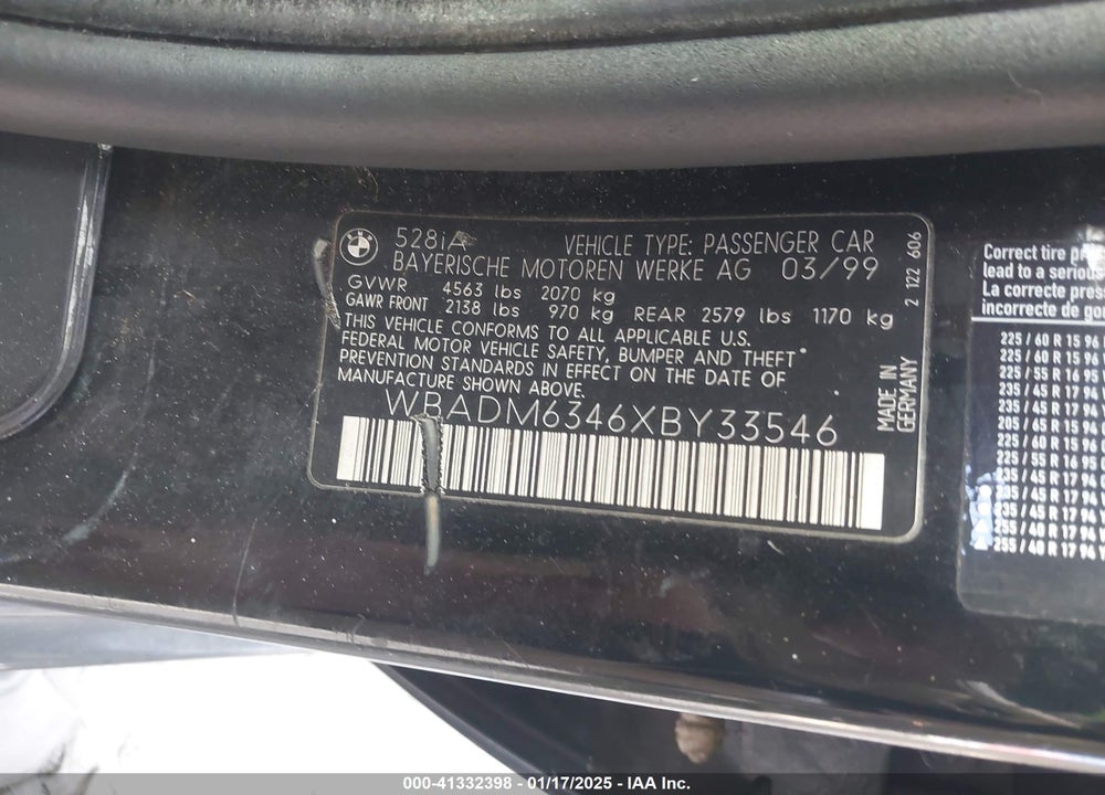 1999 BMW 528IA VIN: WBADM6346XBY33546