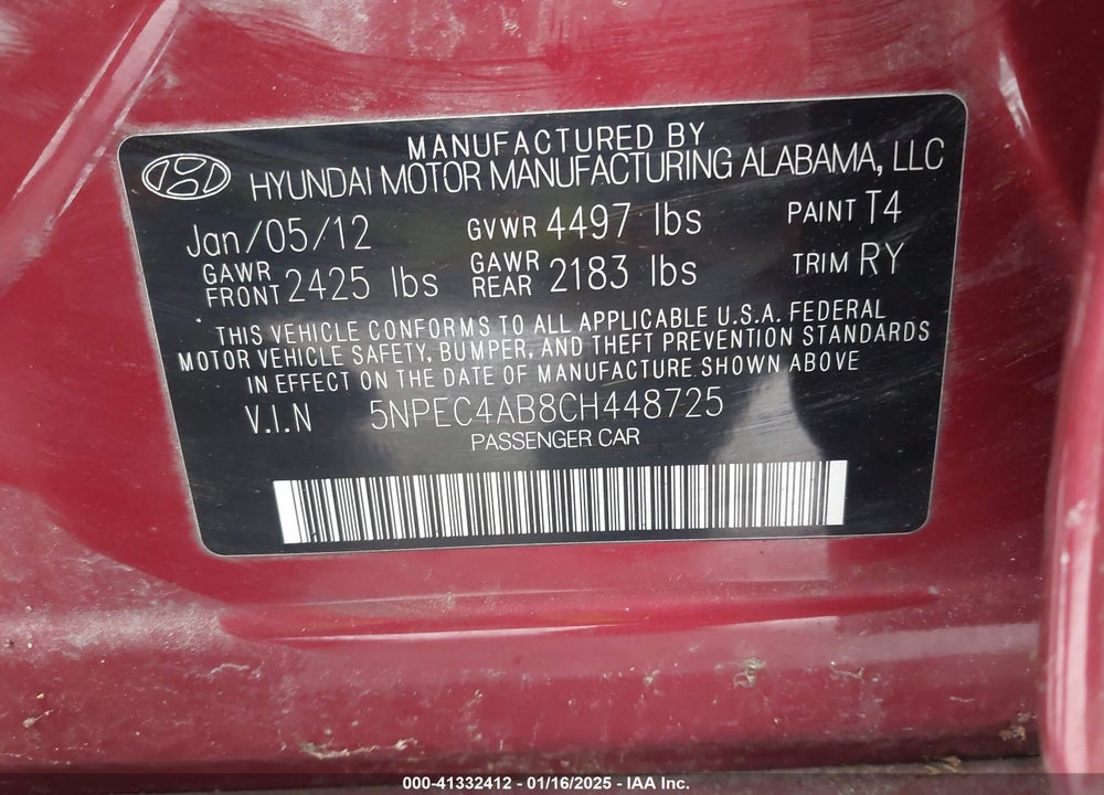 2012 HYUNDAI SONATA SE 2.0T VIN: 5NPEC4AB8CH448725
