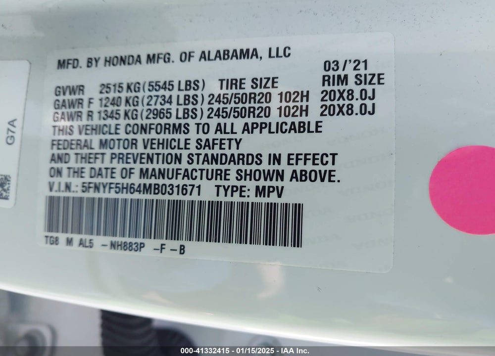 2021 HONDA PILOT 2WD TOURING 7 PASSENGER VIN: 5FNYF5H64MB031671