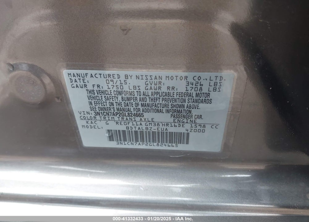 2016 NISSAN VERSA VIN: 3N1CN7AP2GL824665