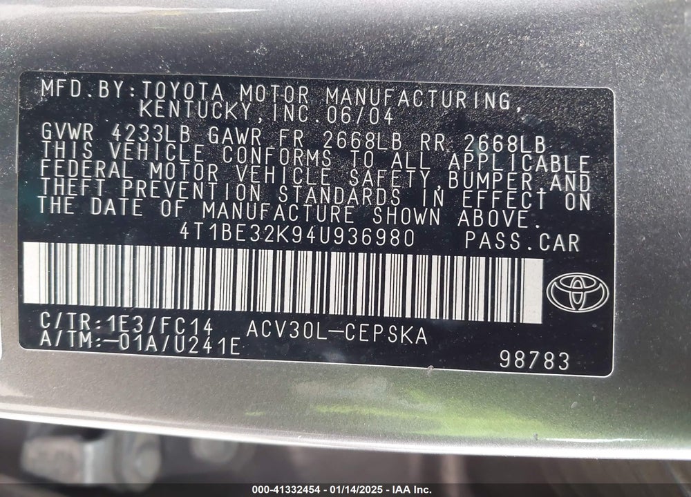 2004 TOYOTA CAMRY SE VIN: 4T1BE32K94U936980