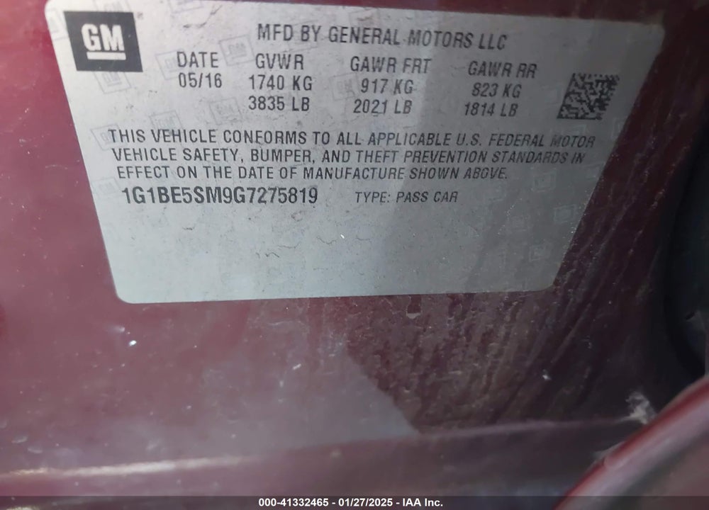 2016 CHEVROLET CRUZE LT AUTO VIN: 1G1BE5SM9G7275819