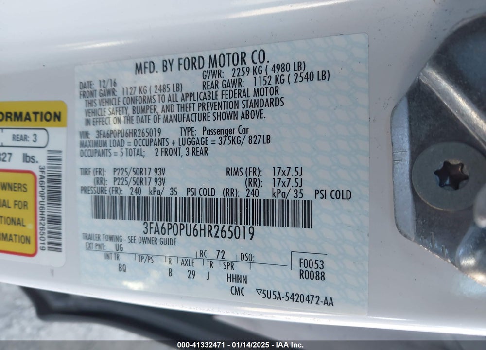 2017 FORD FUSION ENERGI SE LUXURY VIN: 3FA6P0PU6HR265019