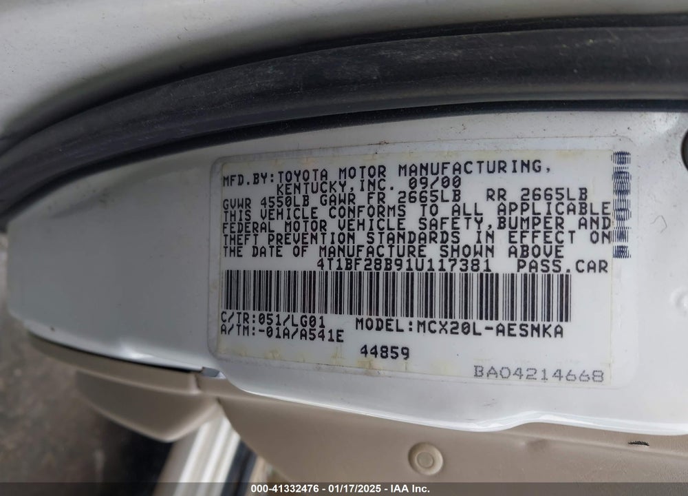 2001 TOYOTA AVALON XL VIN: 4T1BF28B91U117381