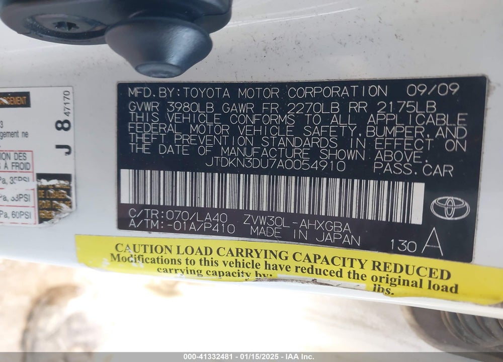 2010 TOYOTA PRIUS IV VIN: JTDKN3DU7A0054910
