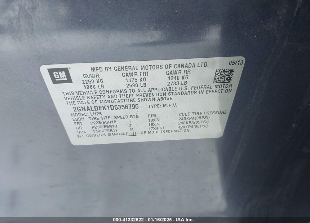 2013 CHEVROLET EQUINOX 1LT VIN: 2GNALDEK1D6356796