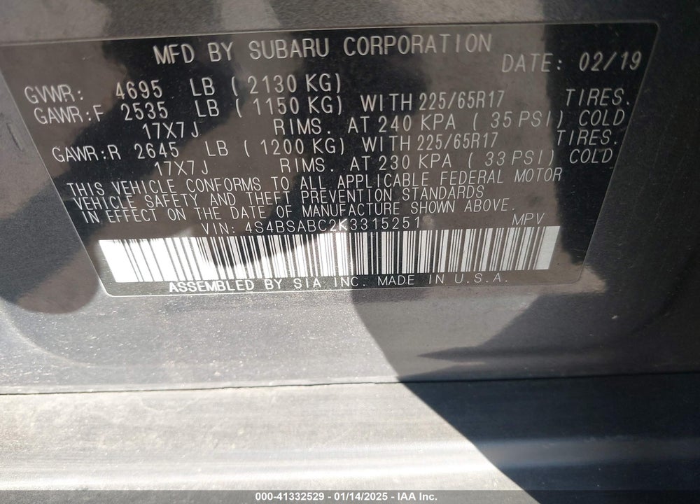 2019 SUBARU OUTBACK 2.5I VIN: 4S4BSABC2K3315251