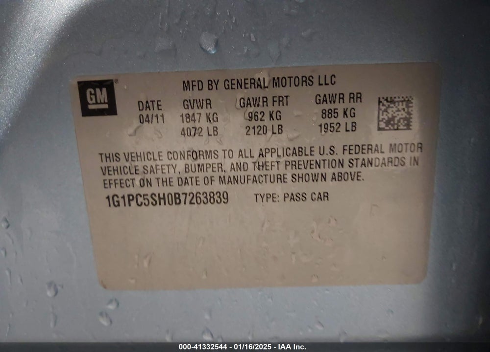 2011 CHEVROLET CRUZE VIN: 1G1PC5SH0B7263839
