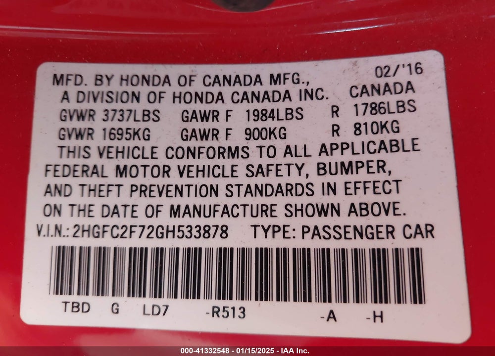2016 HONDA CIVIC EX VIN: 2HGFC2F72GH533878