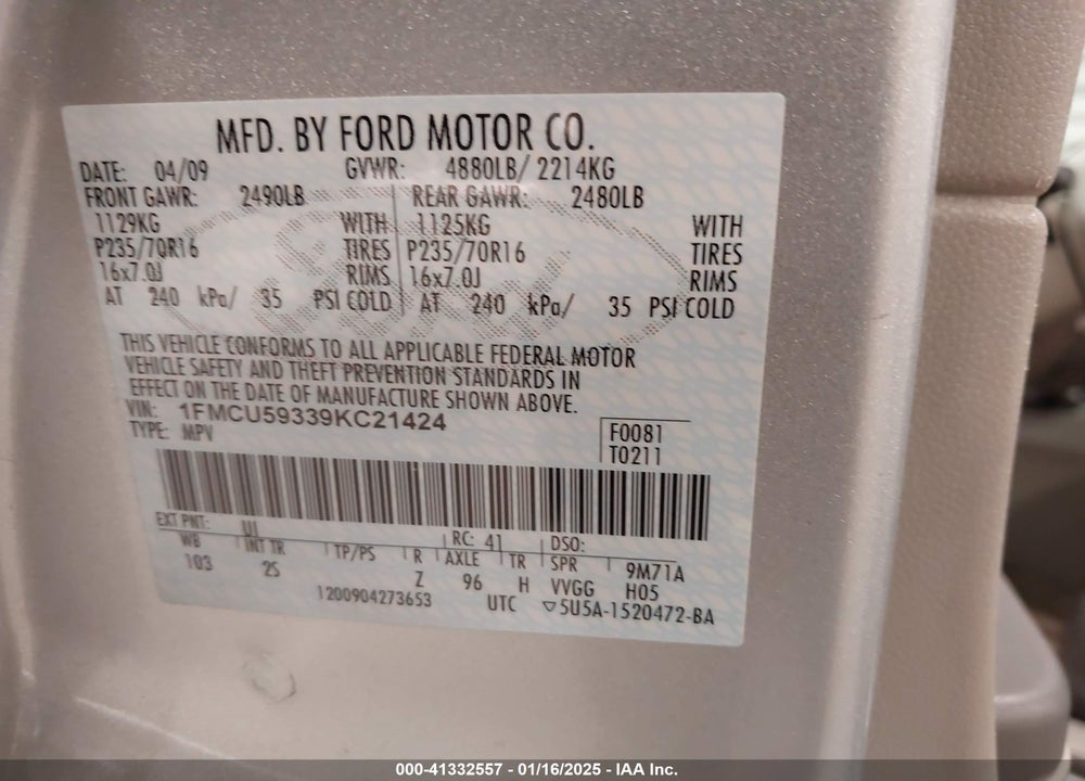 2009 FORD ESCAPE HYBRID LIMITED VIN: 1FMCU59339KC21424