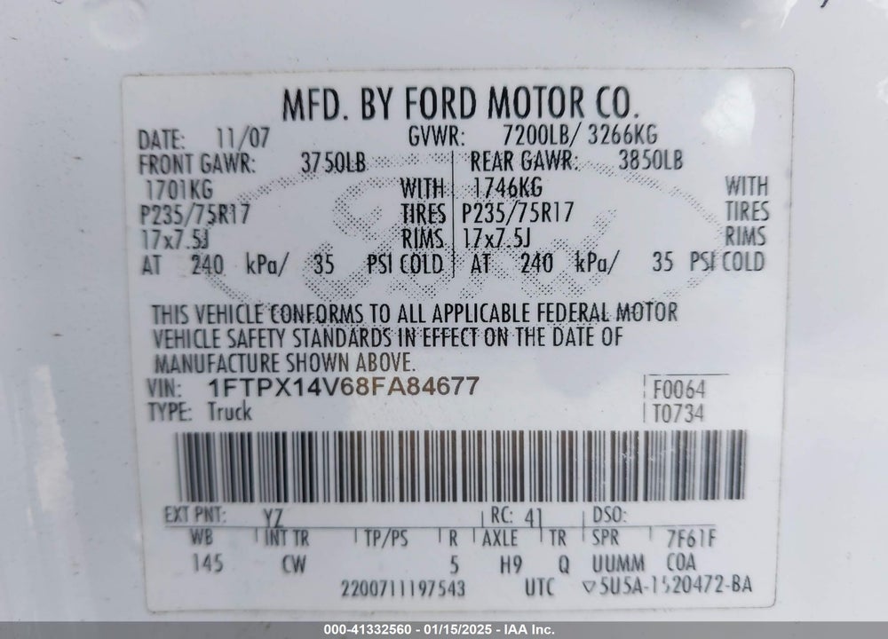 2008 FORD F-150 VIN: 1FTPX14V68FA84677