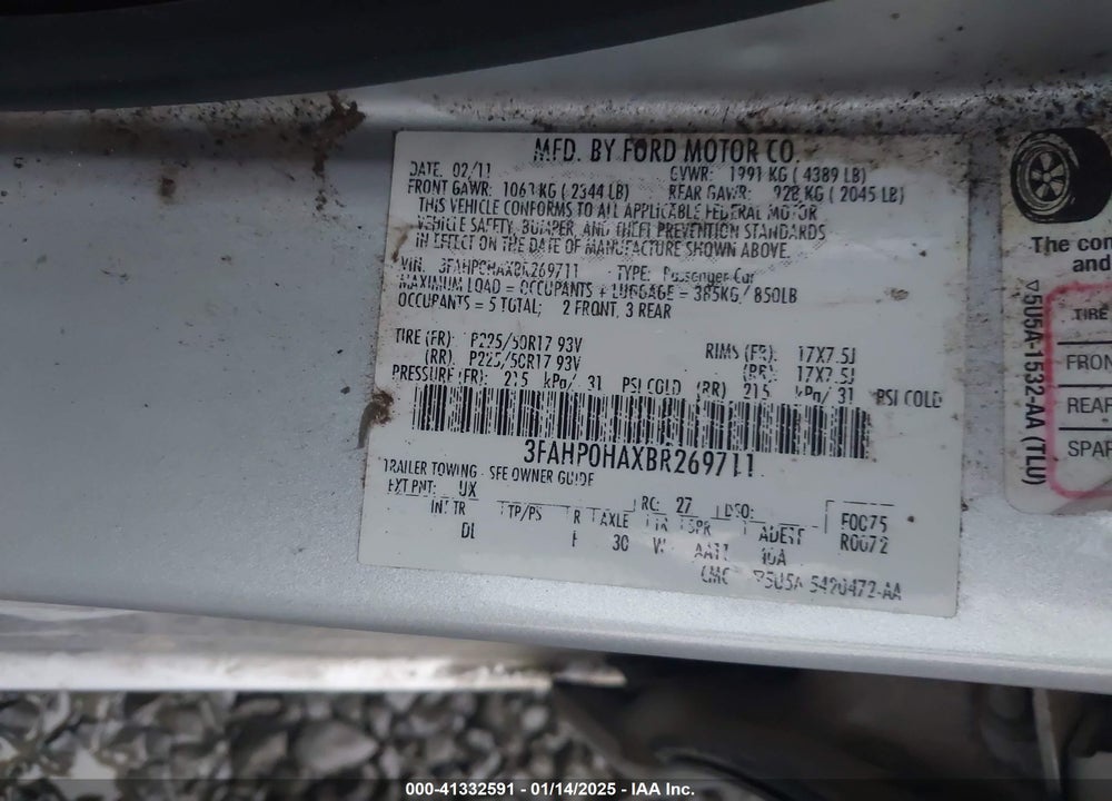 2011 FORD FUSION SE VIN: 3FAHP0HAXBR269711