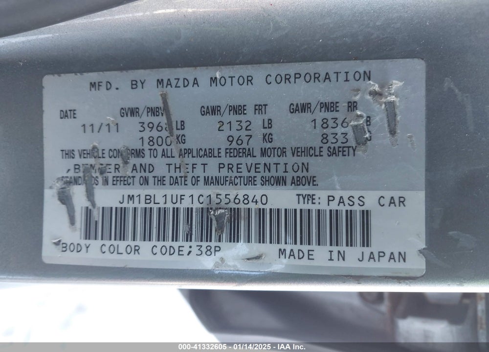 2012 MAZDA 3 VIN: JM1BL1UF1C1556840