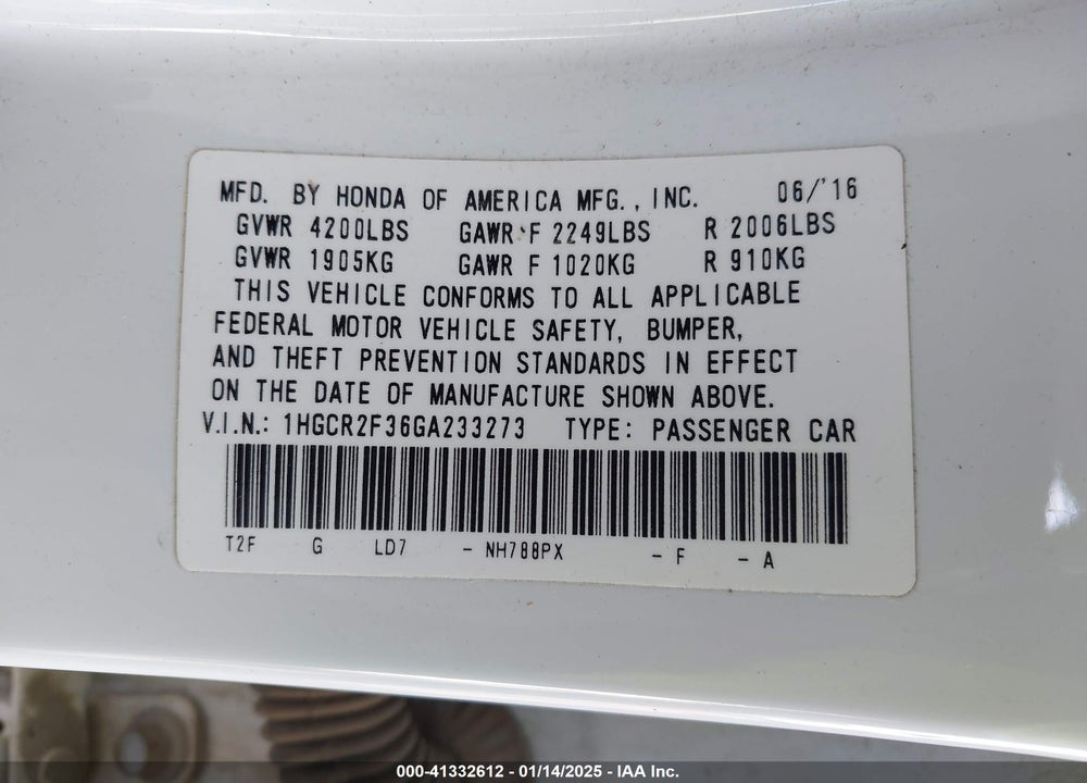2016 HONDA ACCORD VIN: 1HGCR2F36GA233273