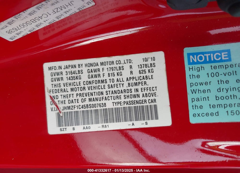 2011 HONDA CR-Z VIN: JHMZF1C45BS007638