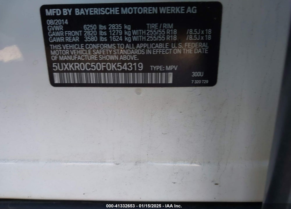 2015 BMW X5 XDRIVE35I VIN: 5UXKR0C50F0K54319