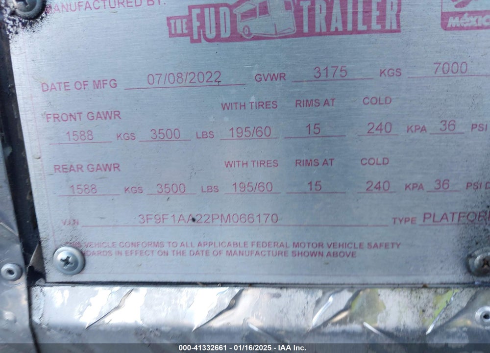 2022 FUD TRAILERS TRAILER VIN: 3F9F1AA22PM066170