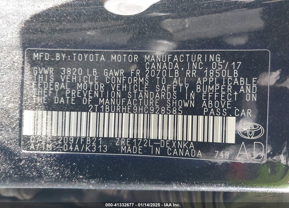 2017 TOYOTA COROLLA LE VIN: 2T1BURHE9HC928585