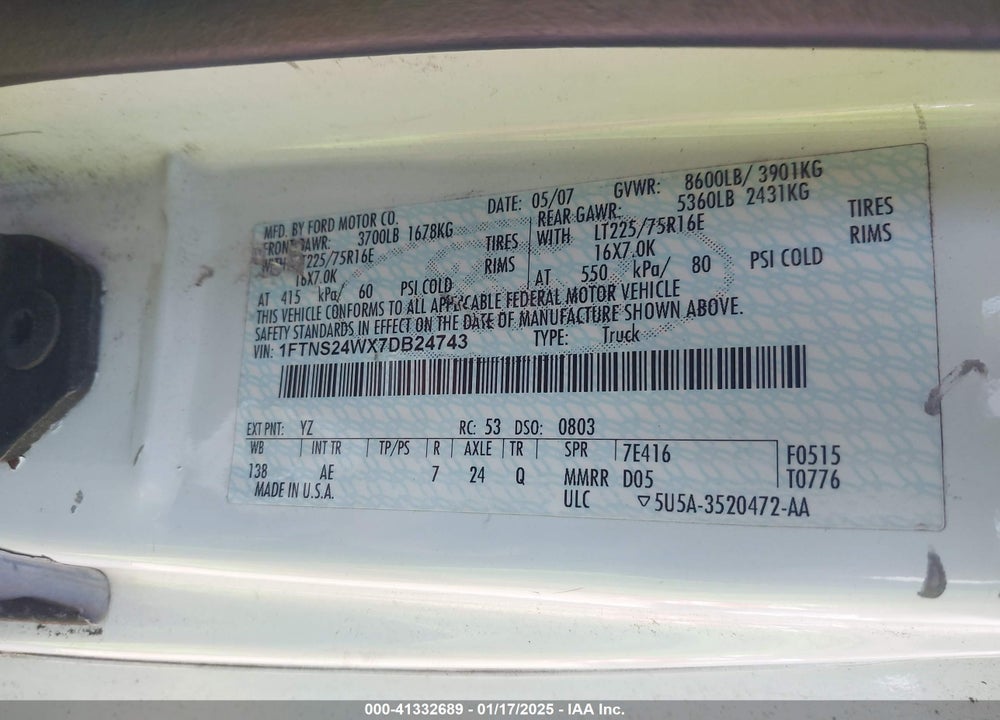 2007 FORD E-250 COMMERCIAL/RECREATIONAL VIN: 1FTNS24WX7DB24743