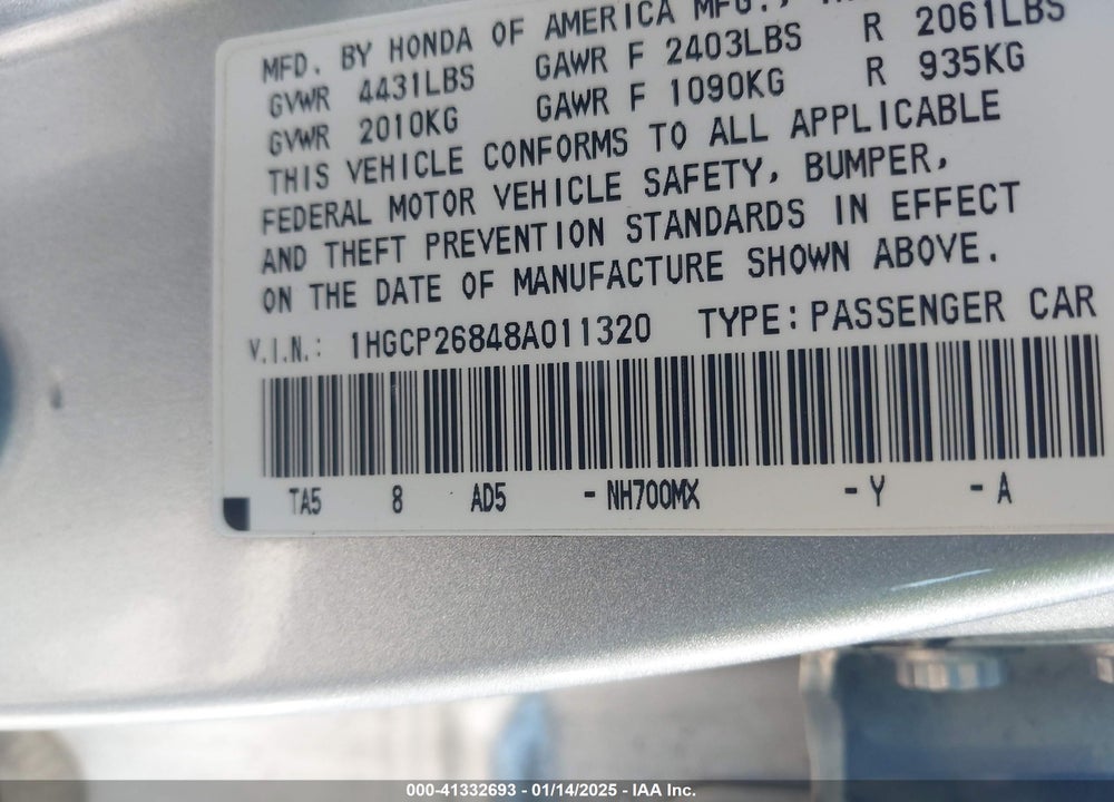 2008 HONDA ACCORD 2.4 EX-L VIN: 1HGCP26848A011320