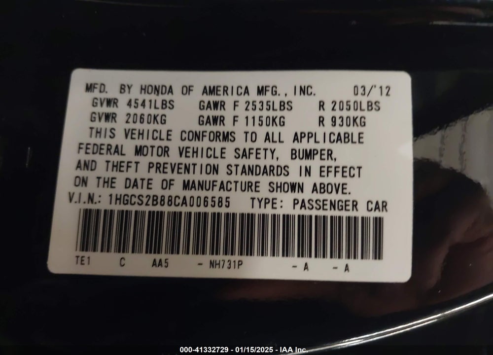 2012 HONDA ACCORD VIN: 1HGCS2B88CA006585