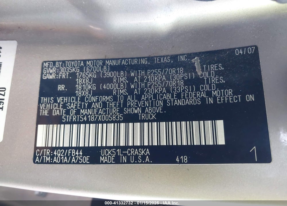 2007 TOYOTA TUNDRA SR5 4.7L V8 VIN: 5TFRT54187X005835