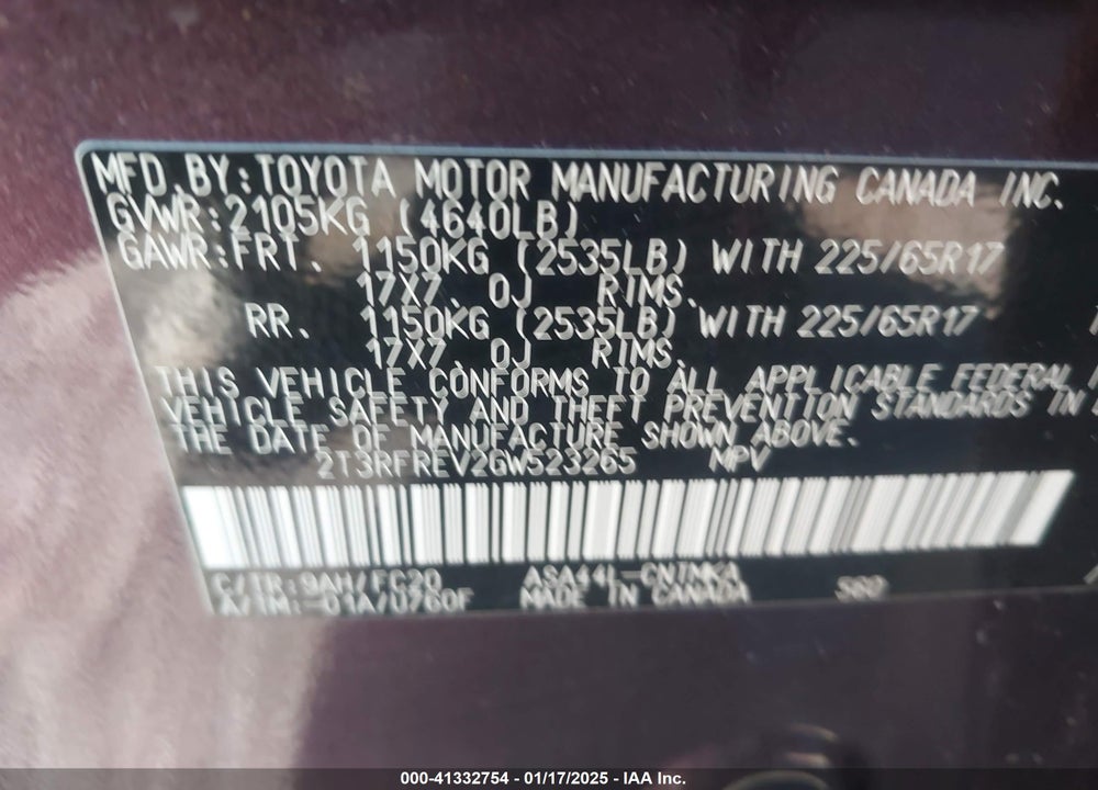 2016 TOYOTA RAV4 XLE VIN: 2T3RFREV2GW523265