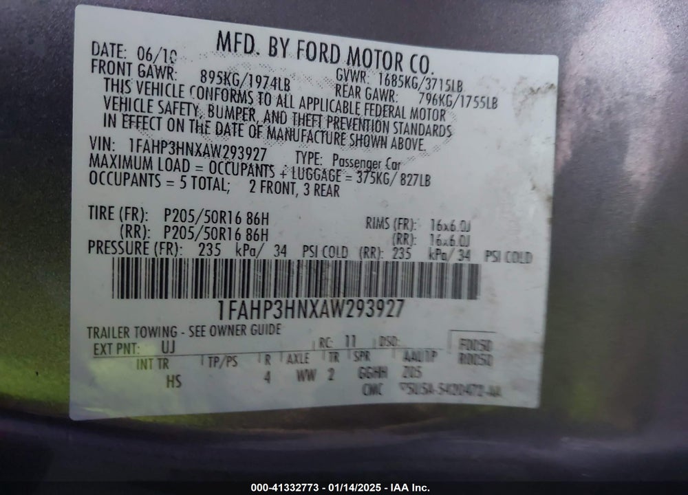 2010 FORD FOCUS SEL VIN: 1FAHP3HNXAW293927