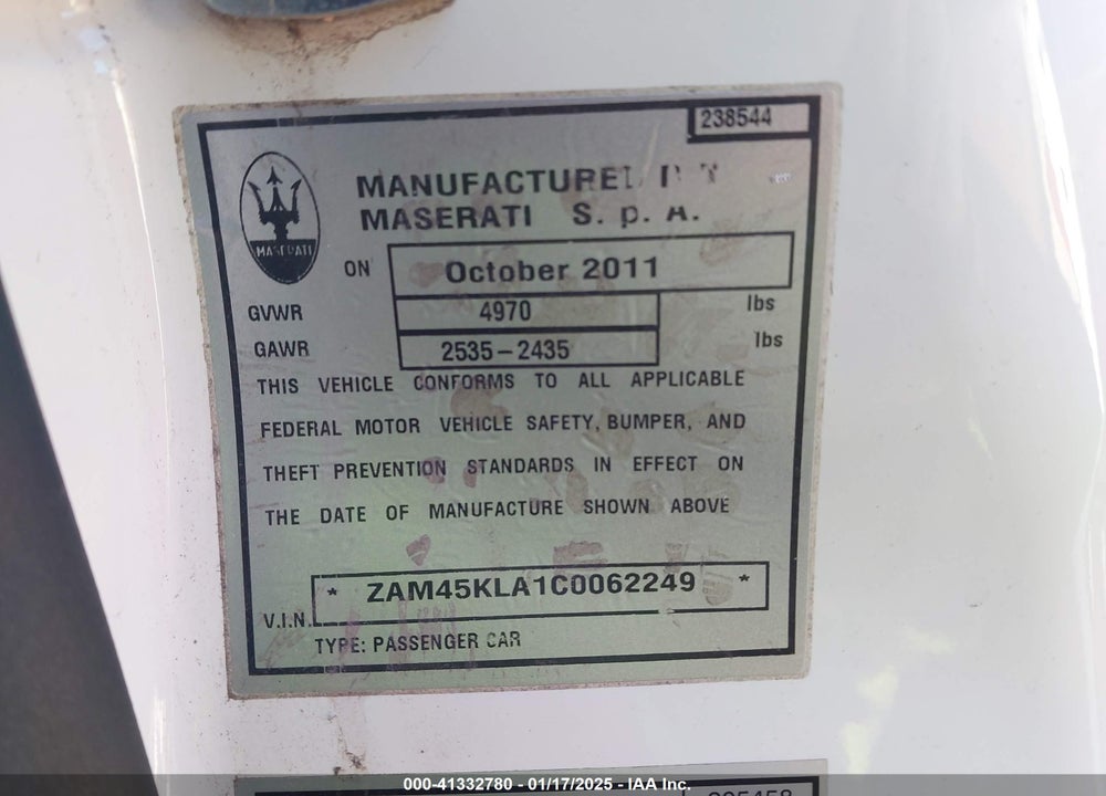 2012 MASERATI GRANTURISMO VIN: ZAM45KLA1C0062249