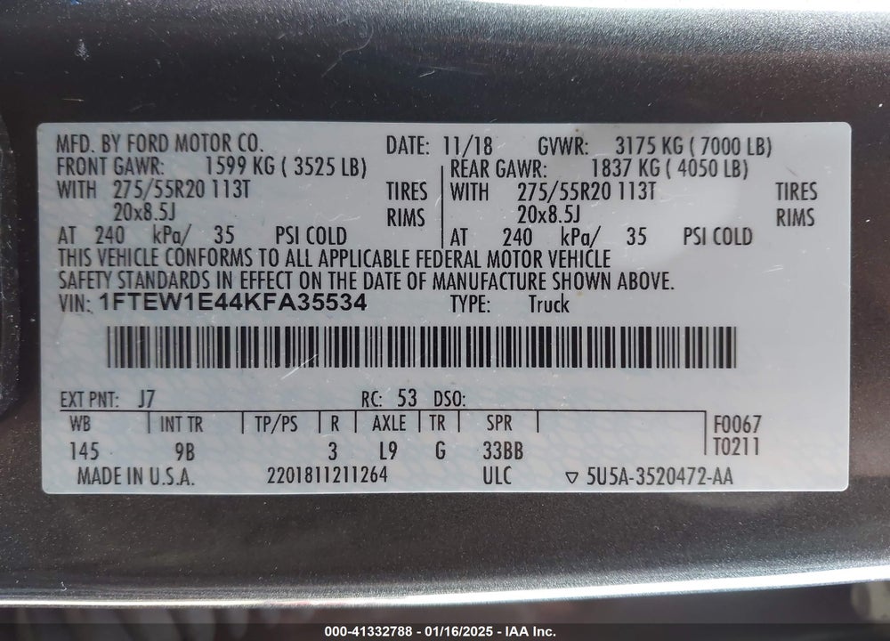 2019 FORD F-150 VIN: 1FTEW1E44KFA35534