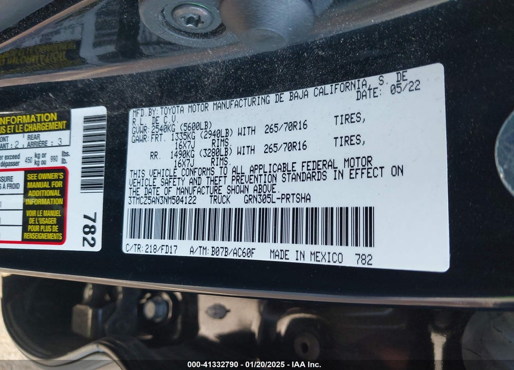 2022 TOYOTA TACOMA VIN: 3TMCZ5AN3NM504122