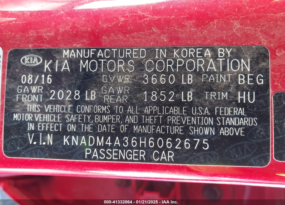 2017 KIA RIO VIN: KNADM4A36H6062675