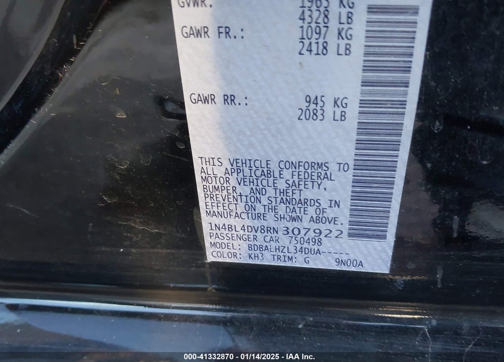 2024 NISSAN ALTIMA SV FWD VIN: 1N4BL4DV8RN307922
