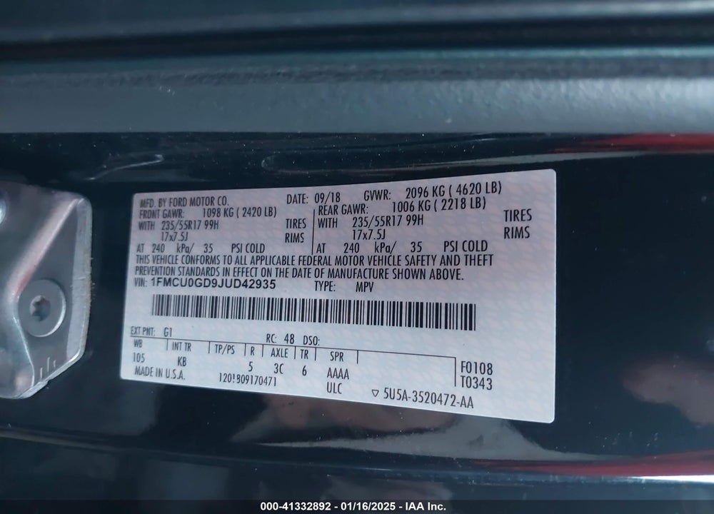 2018 FORD ESCAPE SE VIN: 1FMCU0GD9JUD42935