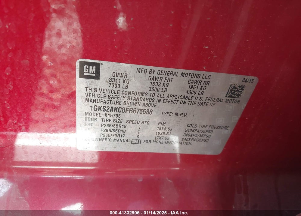2015 GMC YUKON SLE VIN: 1GKS2AKC8FR675538