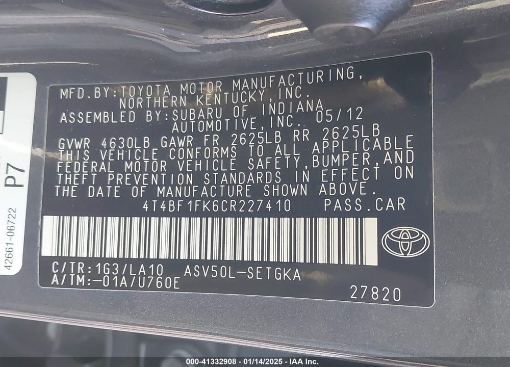 2012 TOYOTA CAMRY XLE VIN: 4T4BF1FK6CR227410