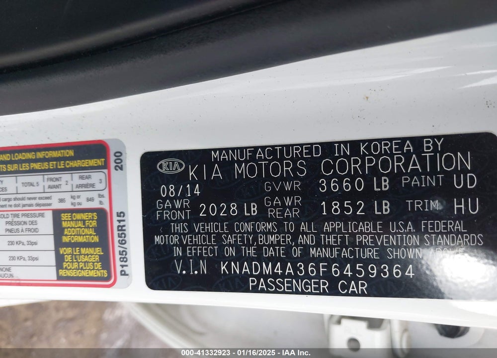 2015 KIA RIO VIN: KNADM4A36F6459364