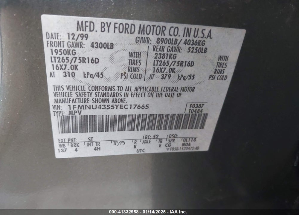 2000 FORD EXCURSION LIMITED VIN: 1FMNU43S5YEC17665