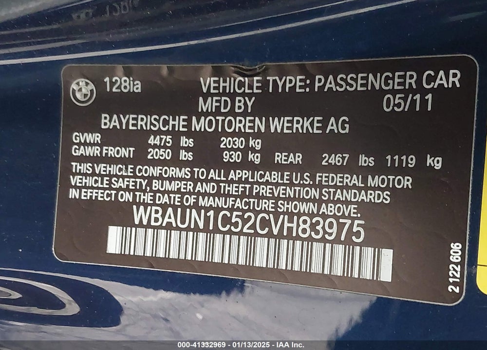 2012 BMW 128I VIN: WBAUN1C52CVH83975