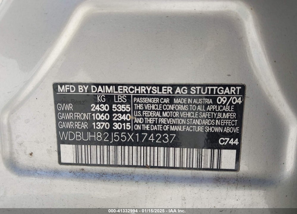 2005 MERCEDES-BENZ E 320 4MATIC VIN: WDBUH82J55X174237