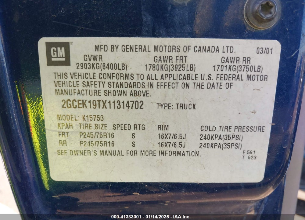 2001 CHEVROLET SILVERADO 1500 LS VIN: 2GCEK19TX11314702