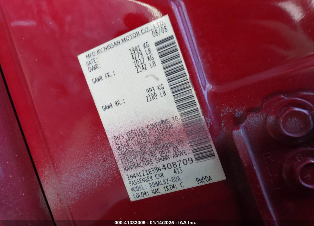 2009 NISSAN ALTIMA VIN: 1N4AL21E39N408709