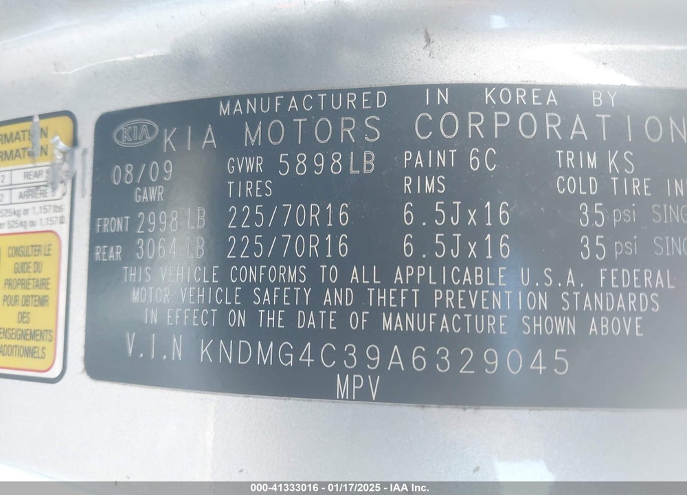 2010 KIA SEDONA LX VIN: KNDMG4C39A6329045